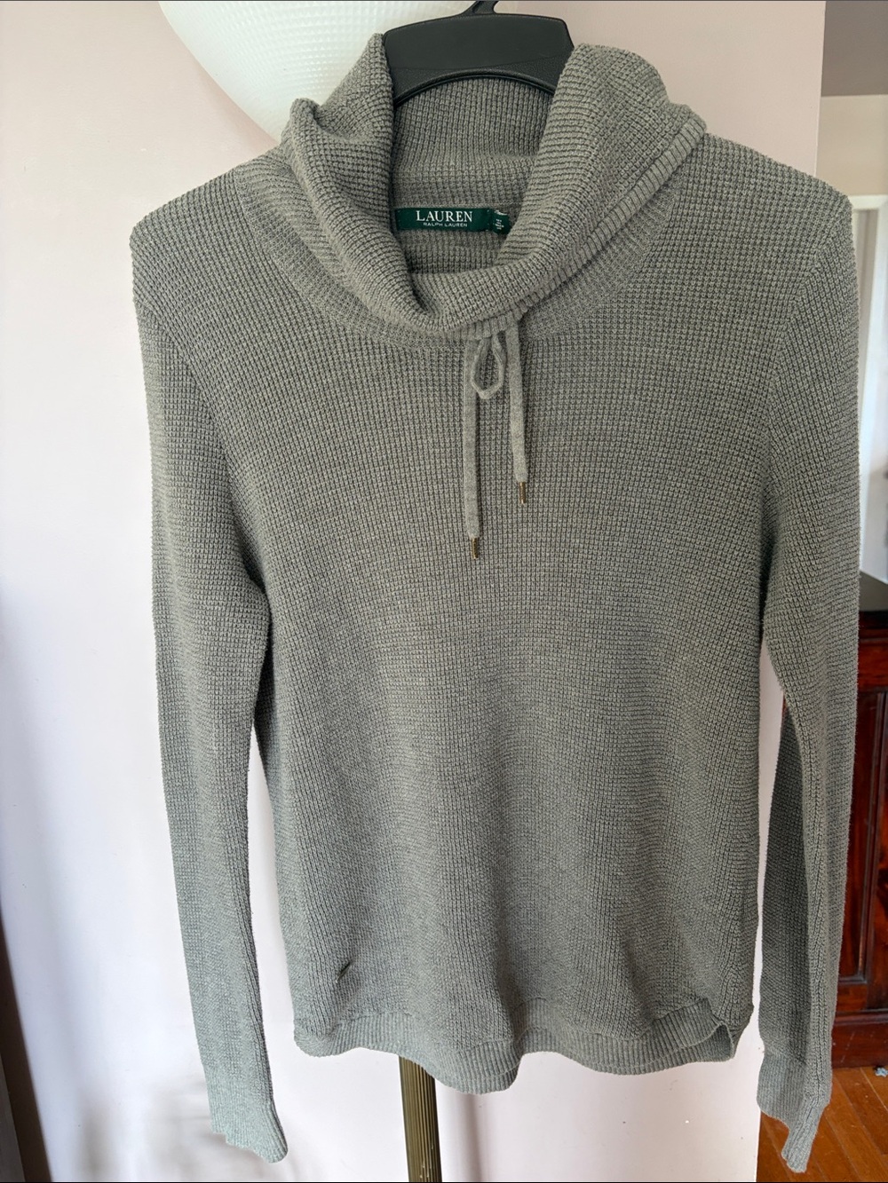 Lauren Ralph Lauren Light Gray Cowl Neck Waffle-Knit Drawstring Sweater